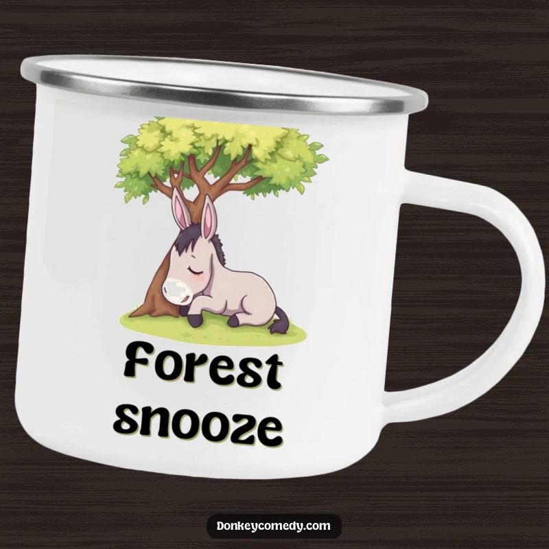 Funny sleepy donkey resting under a shady tree, on a durable camping mug, ideal for a humorous outdoor gift.