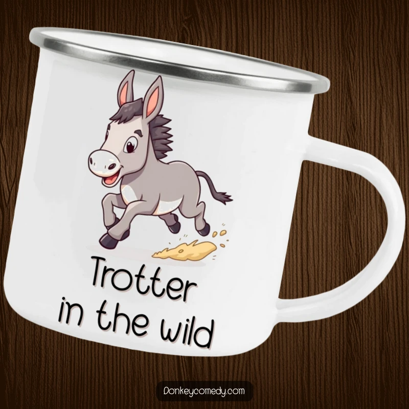 Funny Donkey Camping Mug depicting a donkey in a determined trot, kicking up dust, perfect for enjoying drinks during outdoor adventures.