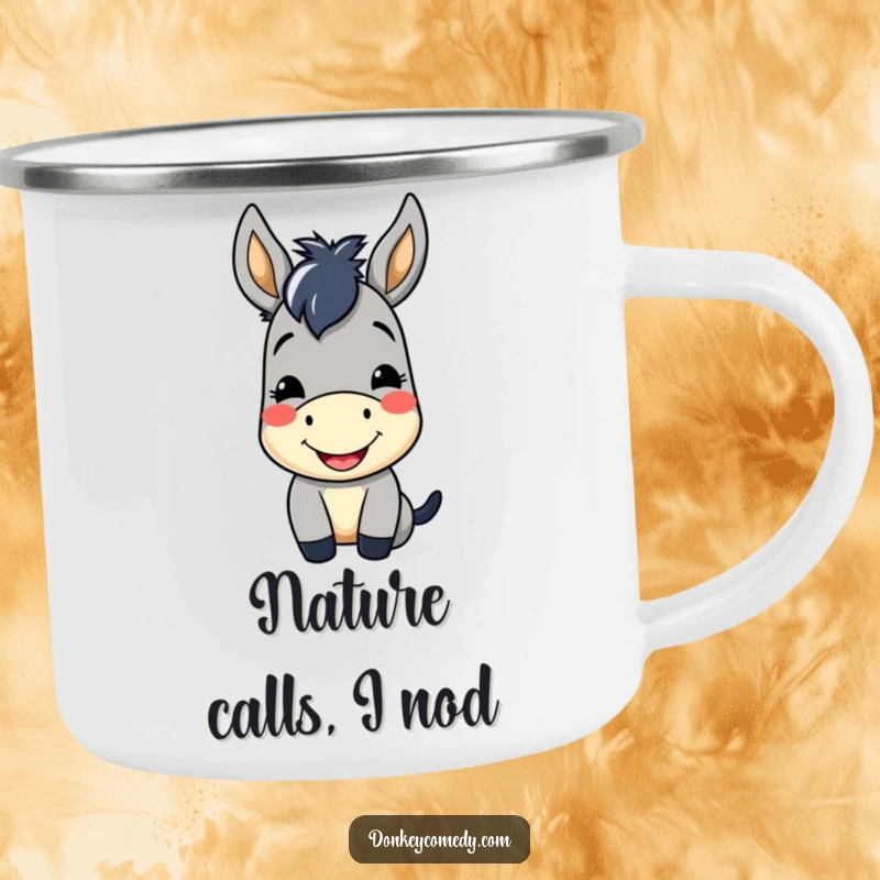Funny Kawaii Donkey Camping Mug showing a cute donkey with a cheerful smile and friendly nod, perfect for outdoors.