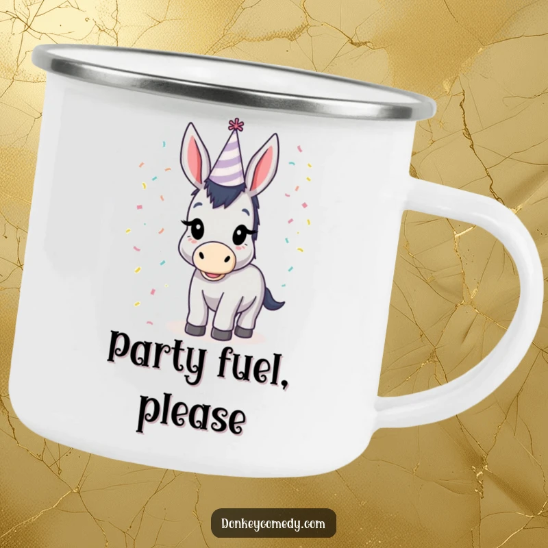 Funny donkey with a party hat and confetti, a humorous and rugged camping mug for enjoying drinks outdoors.