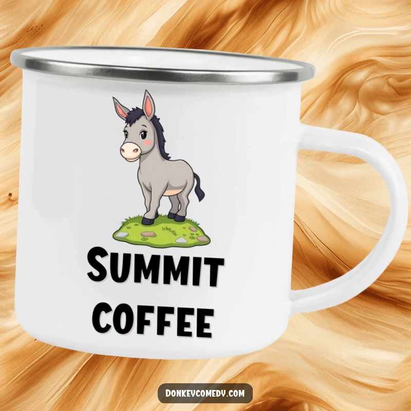 Funny proud donkey standing on a grassy mound, on a durable camping mug, ideal for a humorous outdoor gift.