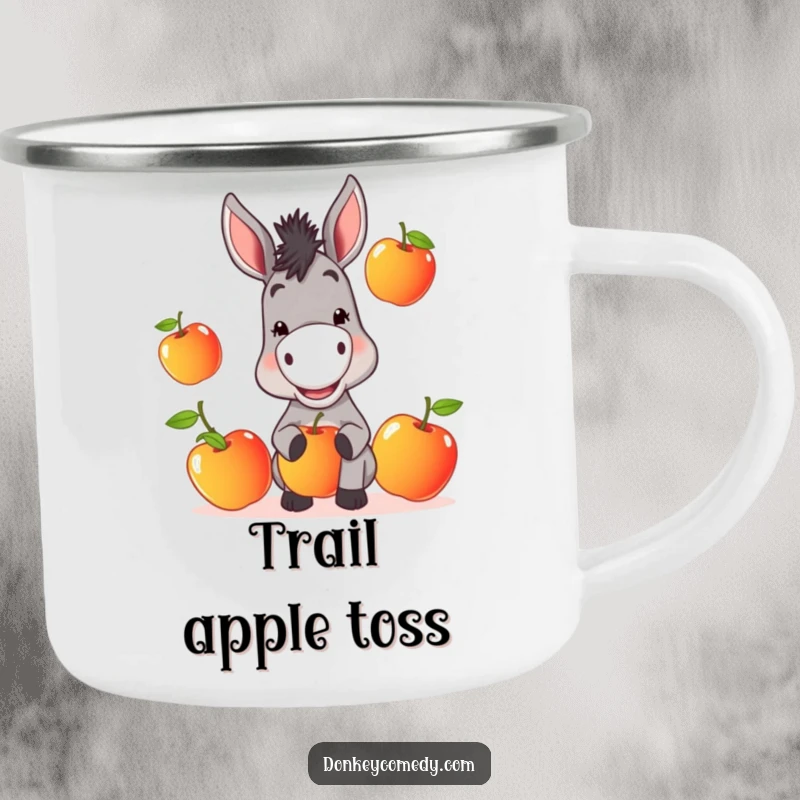 Funny Donkey Camping Mug: A mischievous donkey juggles apples, perfect for outdoor fun and humor.