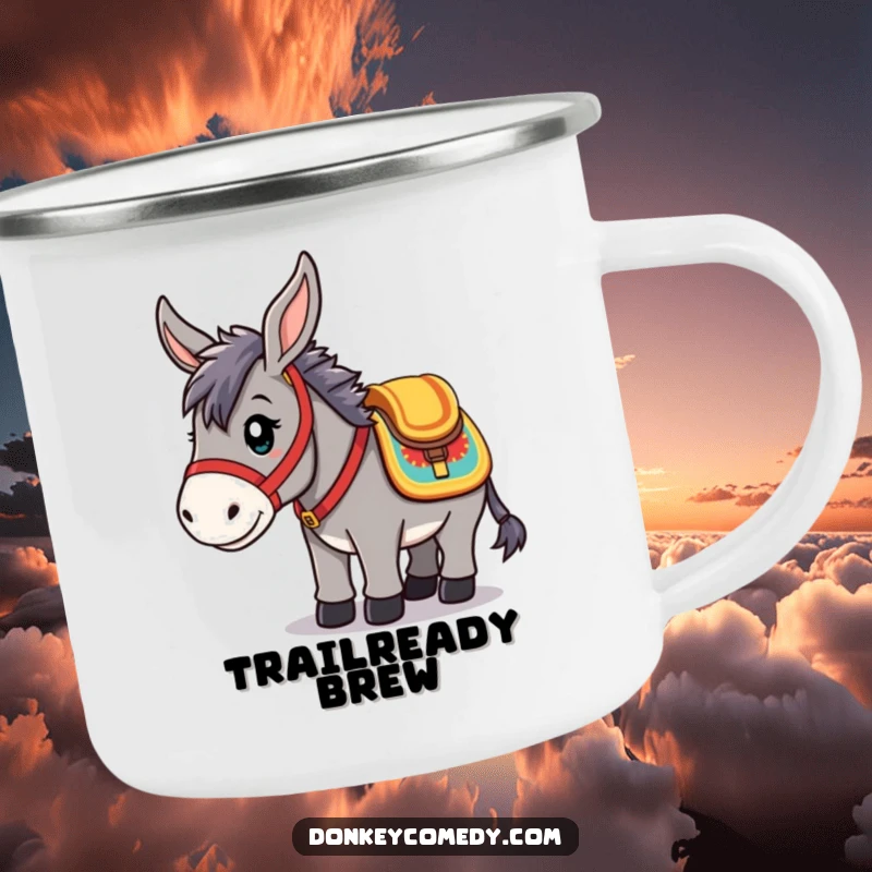 Funny Camping Mug of a kawaii donkey in a saddle, ready for adventure, perfect for outdoor humor.