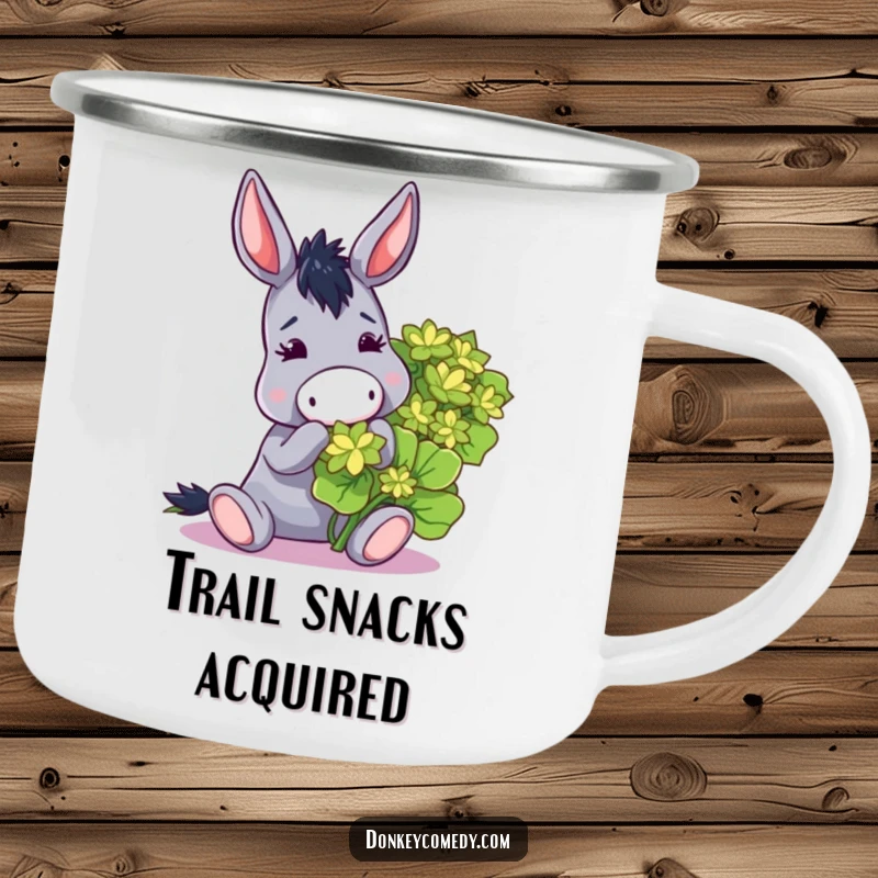 Funny camping mug featuring a donkey happily nibbling a giant clover, designed for outdoor enthusiasts.