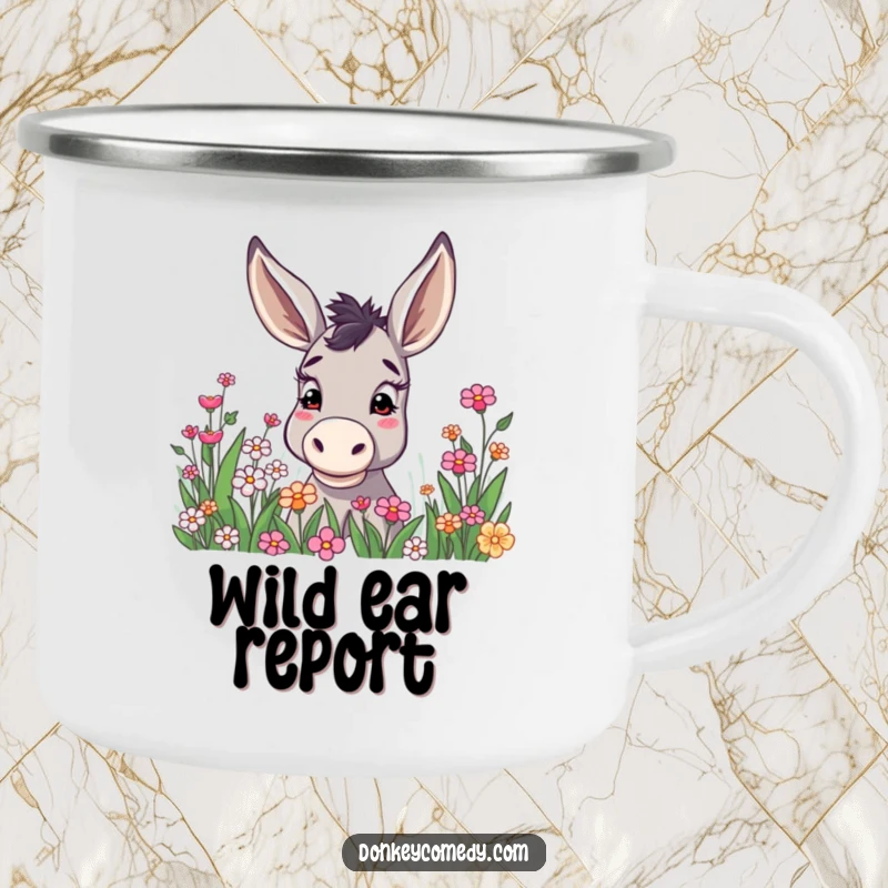 Funny donkey with ears held high, curiously peering into a flower patch, designed for adventure on a sturdy camping mug.