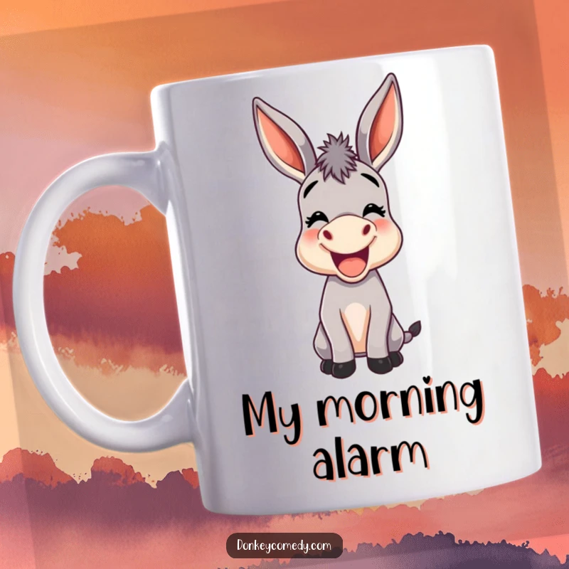 Funny mug depicting a joyful donkey with oversized ears braying loudly, capturing the essence of funny donkey sounds.