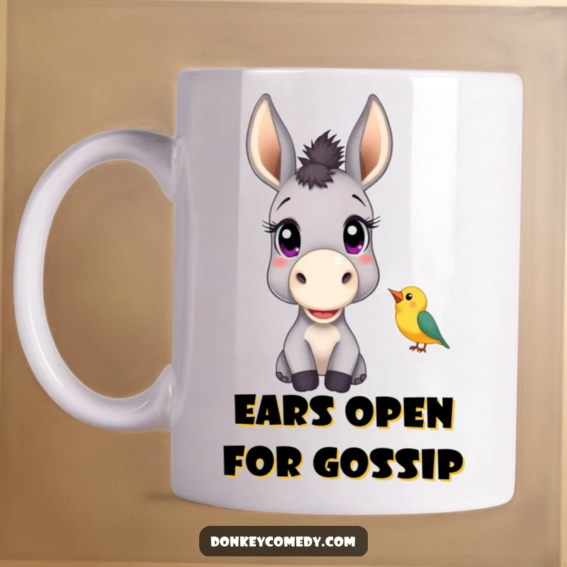 Funny mug featuring a donkey with large, curious eyes attentively listening to a small bird chirping nearby.