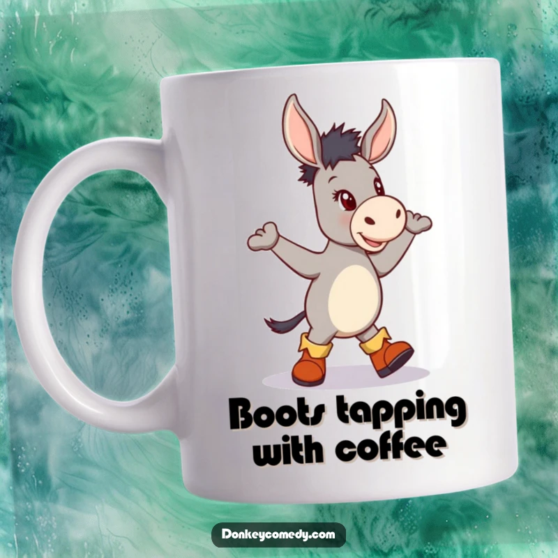 Funny mug featuring a donkey wearing tiny, cute boots and enthusiastically dancing a jig with a joyful expression.