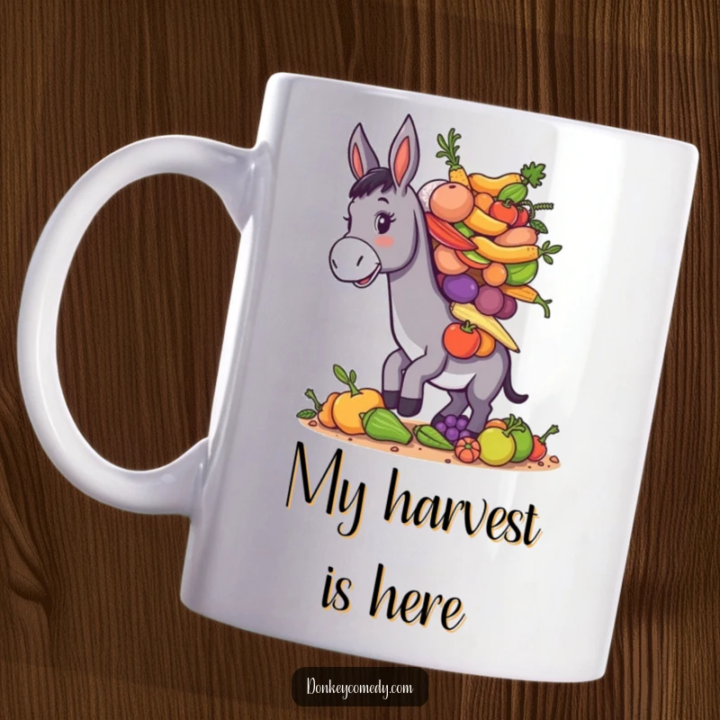 Funny donkey with a large pile of assorted farm produce perfectly balanced on its back, humorous kitchen mug.