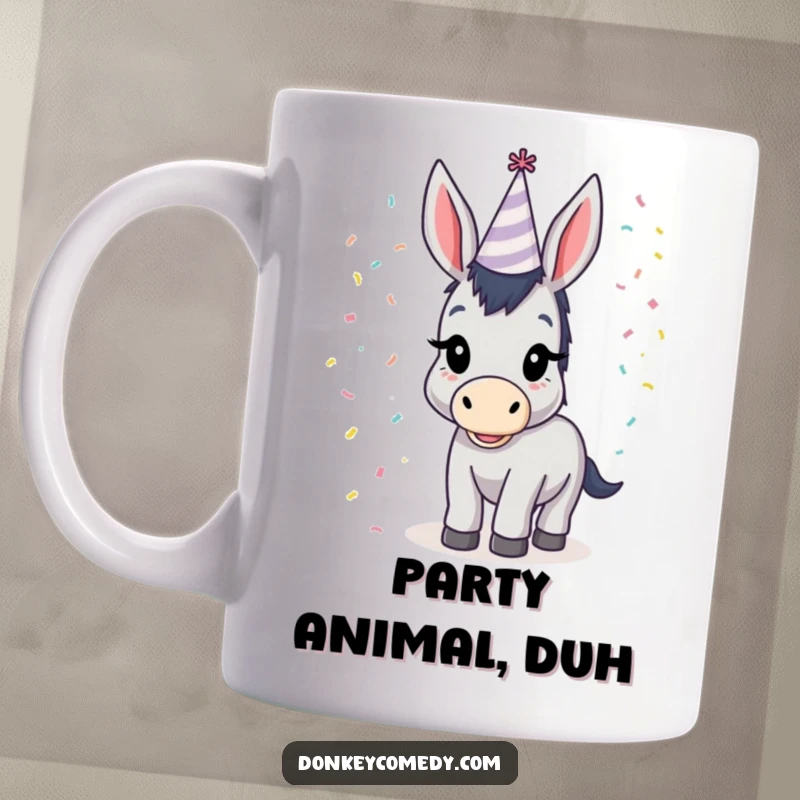 Funny donkey wearing a tiny party hat, surrounded by falling confetti, a whimsical and humorous mug for celebratory occasions.