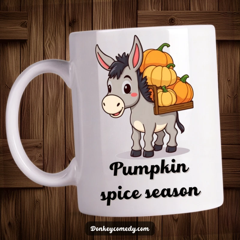 Funny Donkey Pumpkin Haul Mug: A determined donkey carrying colorful pumpkins, ready for funny fall festivities.