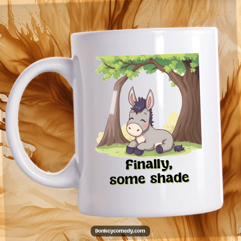 Funny donkey mug design shows a happy donkey sighing with relief under a cool, shady tree, embodying pure relaxation and humor.