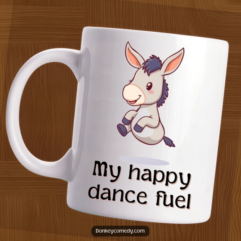 Funny donkey mug with floppy ears joyfully kicking its legs, showcasing pure, unadulterated happiness and a playful spirit.