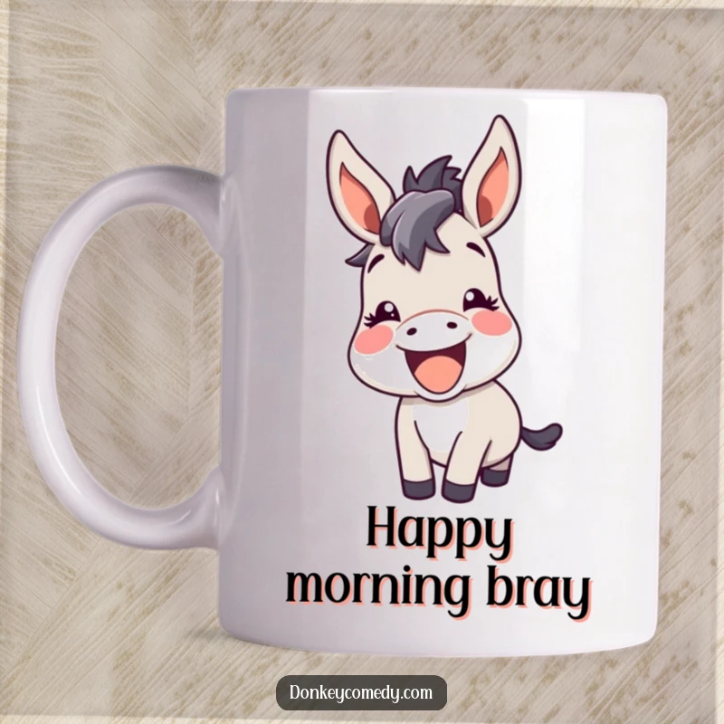 Funny kawaii donkey with perked ears, letting out a happy bray, perfect for a humorous mug design.