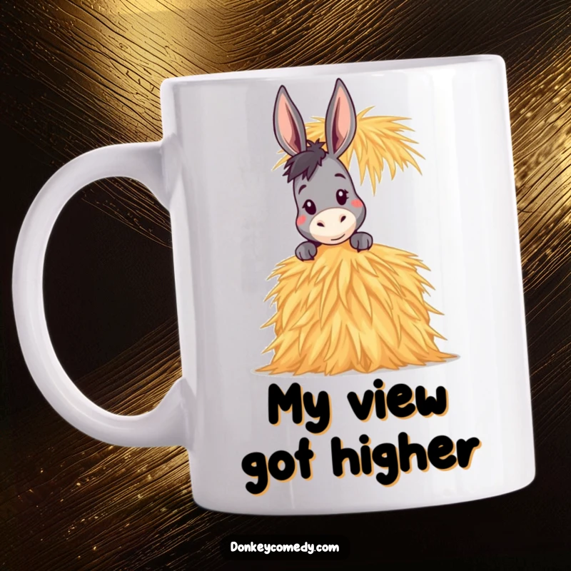 Funny Donkey Mug showing a donkey curiously peeking over a very tall stack of hay, full of funny, playful intrigue.