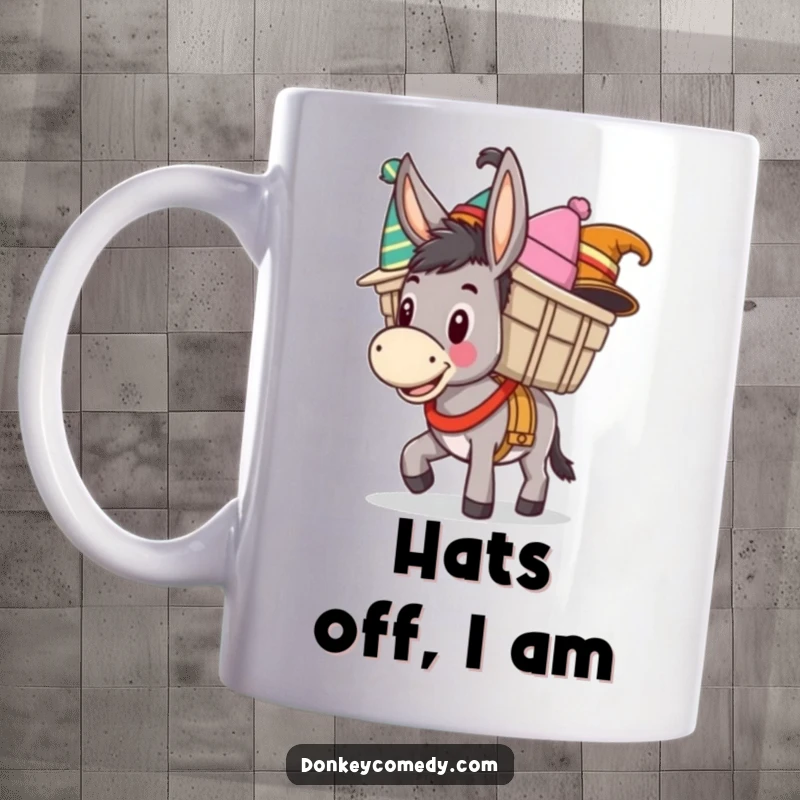 Funny mug showcasing a happy donkey carrying a load of funny, colorful hats, exuding joy and lighthearted humor.