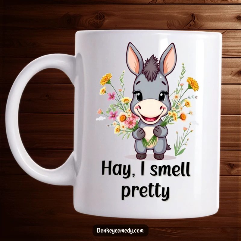 Funny mug showing a donkey with a huge grin, proudly holding a colorful bouquet of wildflowers, radiating pure happiness.