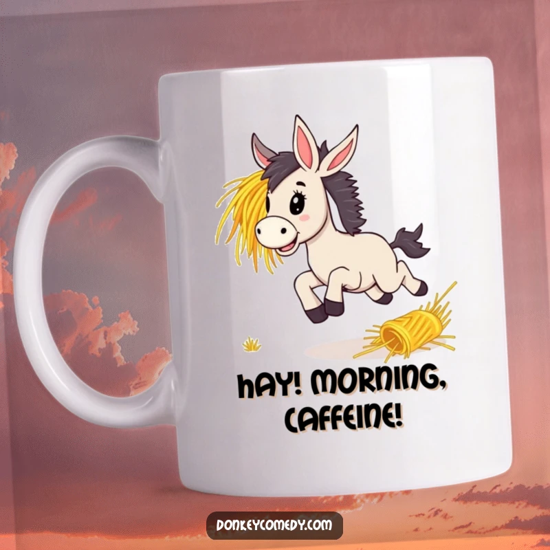 Funny, lively donkey bounding with energetic delight after a rolling bunch of fresh hay, a joyful scene.