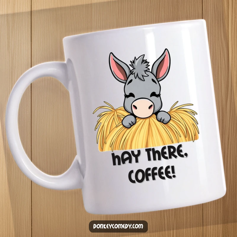 Funny Donkey Mug: A donkey peeks from behind a haystack with a playful wink, suggesting a fun secret.