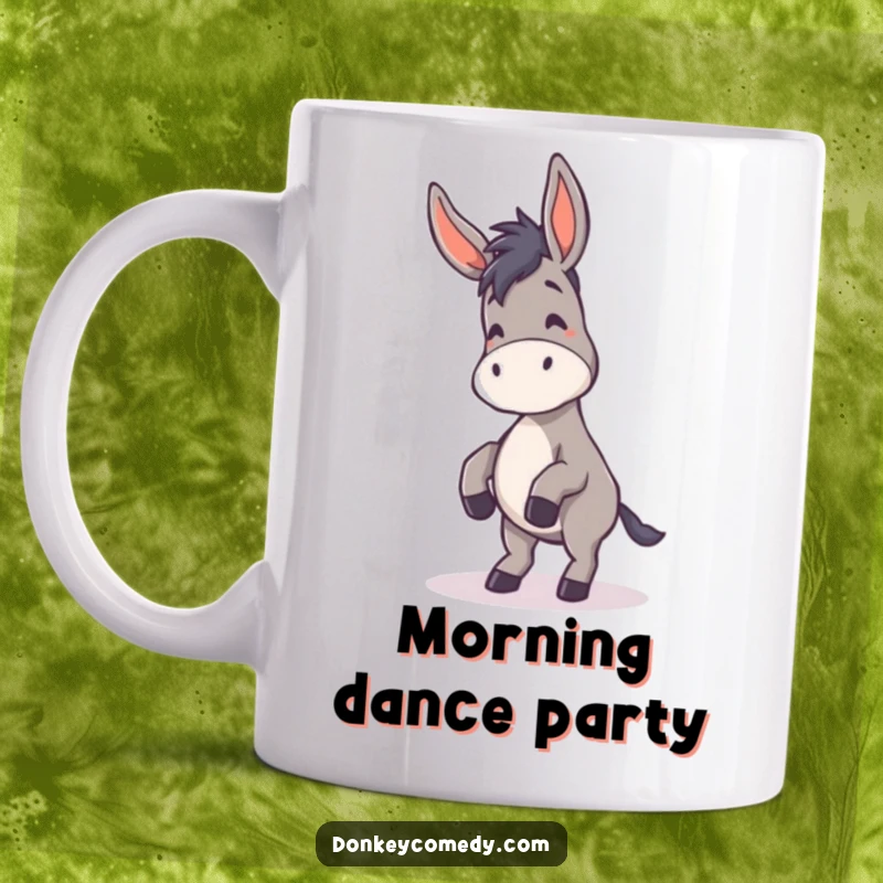 Funny Donkey Mug showing a donkey performing a silly dance with its ears flopping humorously, perfect for joyful vibes.