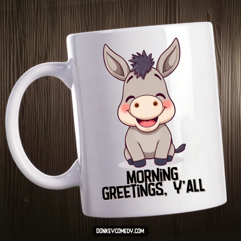 Funny Donkey Braying Mug: A donkey with a cheerful grin happily braying, perfect for a funny gift.