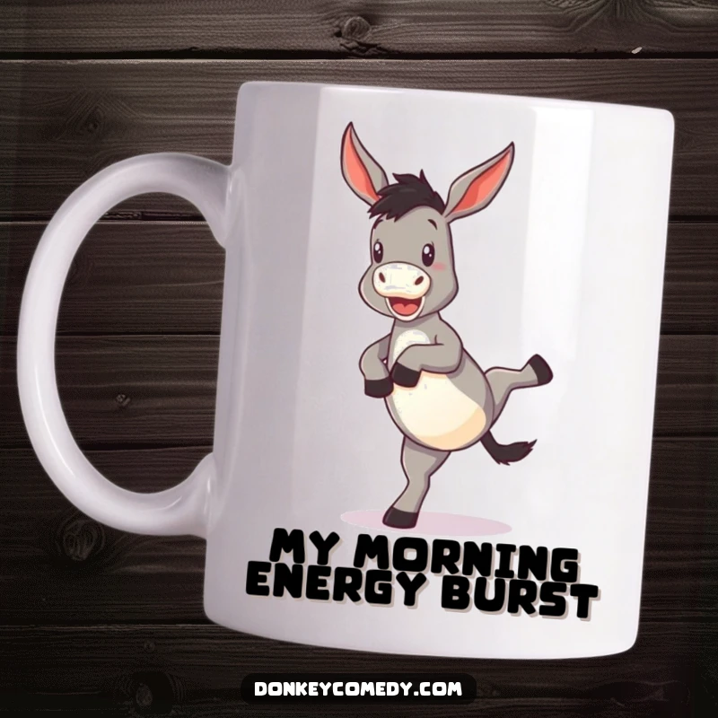 Funny Donkey Mug featuring a donkey doing a hilarious kick with its hind legs, capturing a moment of pure, funny, uninhibited joy.