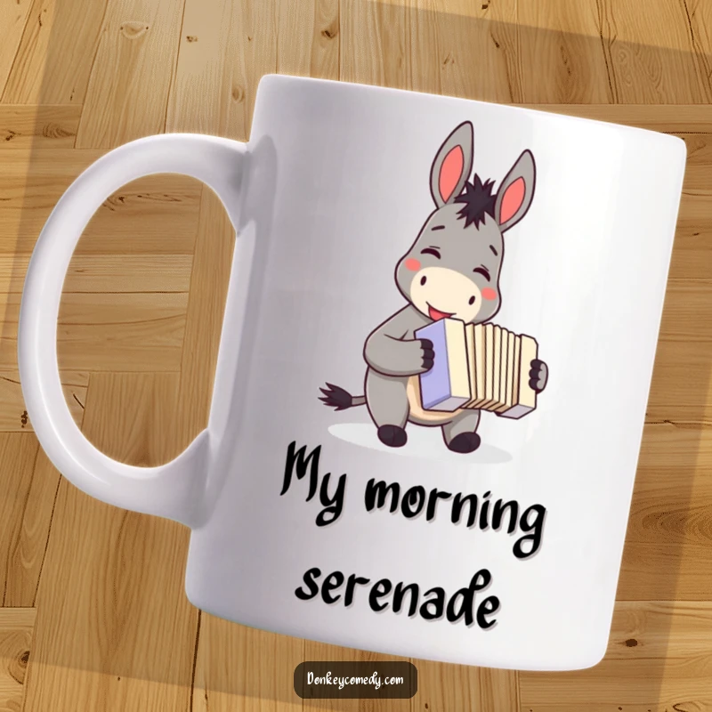 Funny donkey mug, smiling joyfully while playing a small accordion, radiating musical happiness and lighthearted fun.