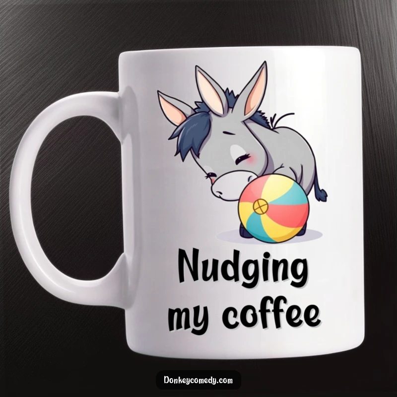 Funny donkey mug showing a happy donkey playfully nudging a brightly colored ball with its nose, full of mirth.