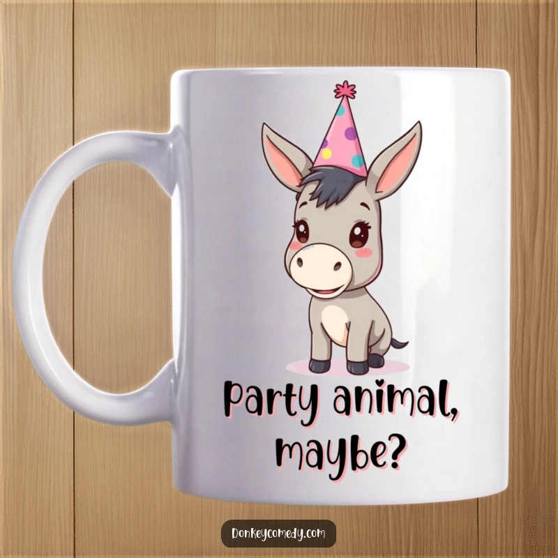Funny kawaii donkey wearing a silly, oversized party hat on a mug, radiating festive and humorous vibes.