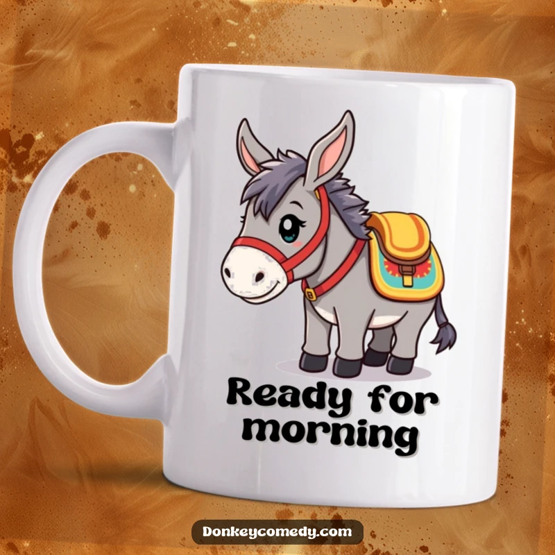Funny Mug featuring a kawaii donkey in a colorful saddle, looking determined and ready for an adventure, spreading joy.