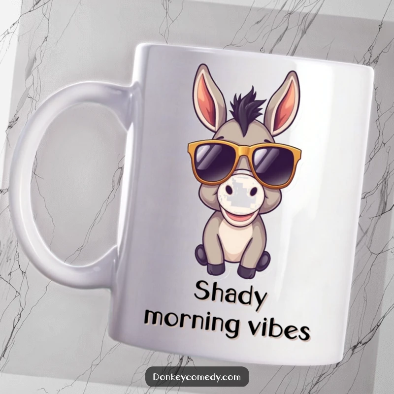 Funny donkey mug featuring a cool donkey wearing oversized sunglasses, exuding happiness and effortless style for a relaxed mood.
