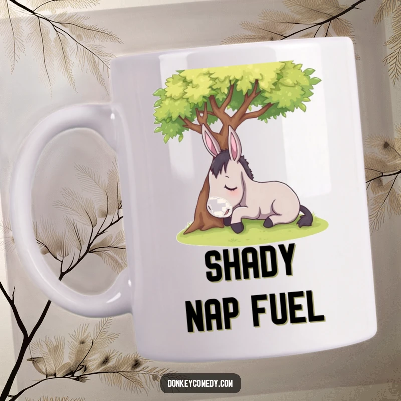 Funny sleepy donkey resting peacefully under a shady tree, looking tired, on a mug, a hilarious gift.
