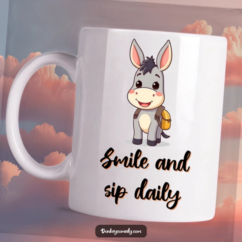 Kawaii donkey mug with a wide smile and a small backpack, embodying cuteness, happiness, and readiness for any journey.