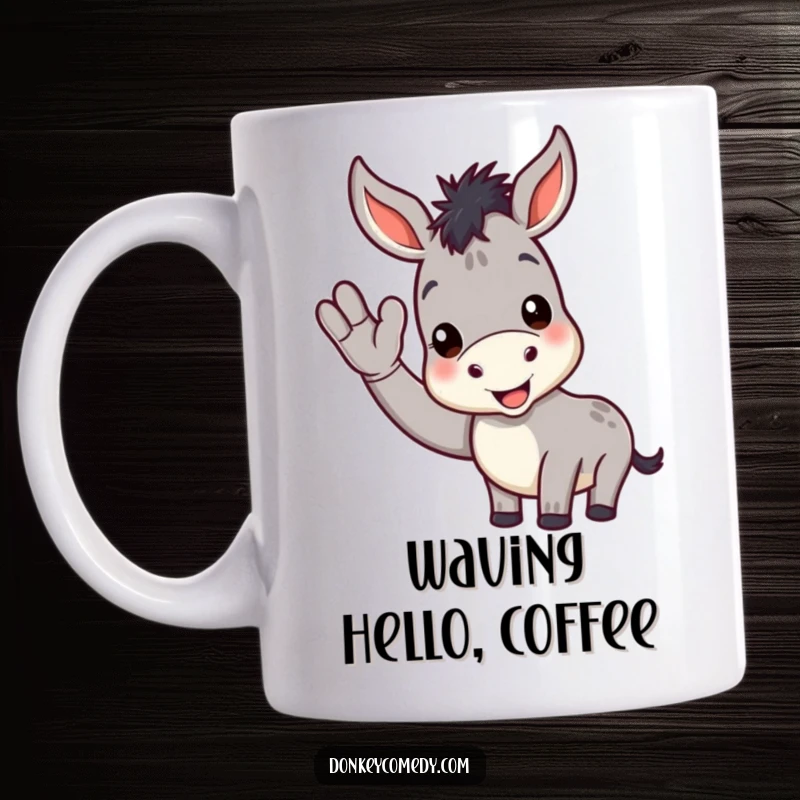 Funny donkey mug showing a cheerful donkey giving a big, friendly wave with its hoof, radiating happiness and approachability.