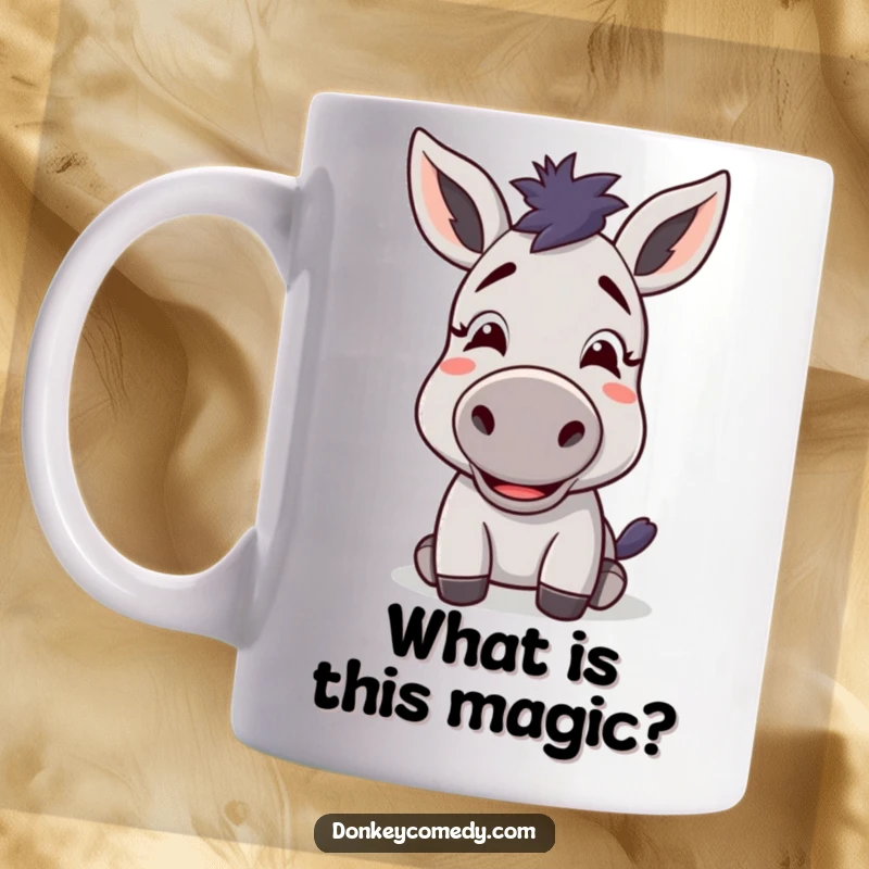 Funny kawaii donkey with a confused yet delighted expression on a mug, capturing a moment of humorous surprise.