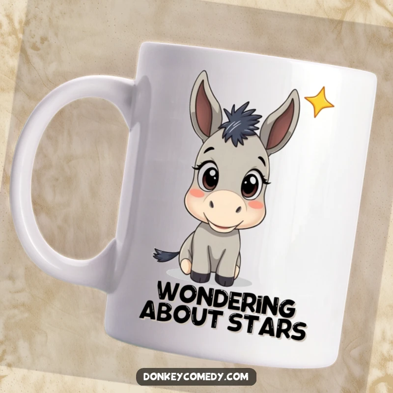 Funny Donkey Star Gazing Mug: A donkey with wide eyes curiously looking at a distant star, perfect for funny contemplation.