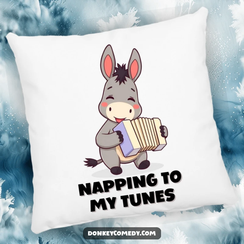 Funny donkey accordion pillow, smiling contentedly while playing a small accordion, bringing cozy musical charm to any room.