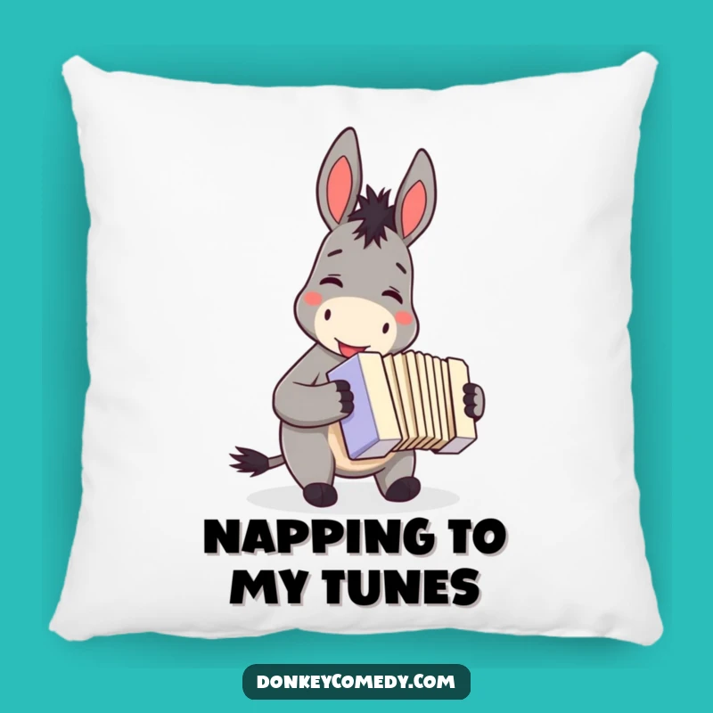 Comforting funny donkey accordion pillow, a cozy musical gift, featuring a smiling donkey making music.