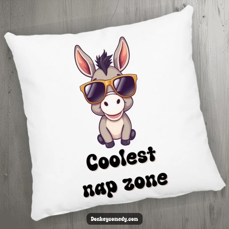 Funny donkey pillow featuring a cool donkey in oversized sunglasses, bringing a sense of calm, happiness, and stylish comfort.