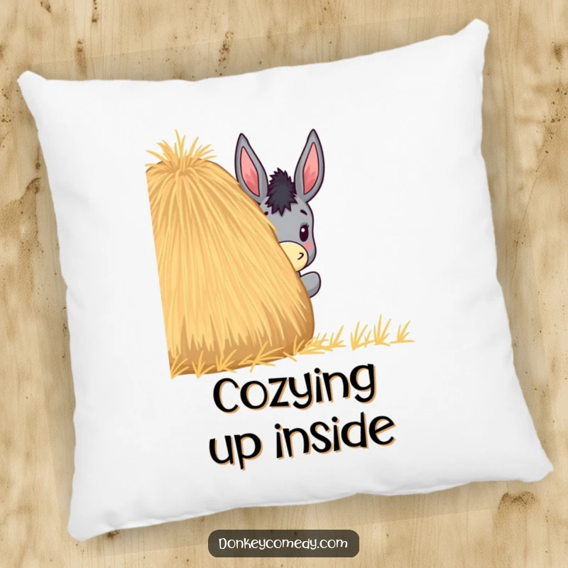 Funny pillow with a donkey humorously peeking from behind a large haystack, adding a playful touch to any room.