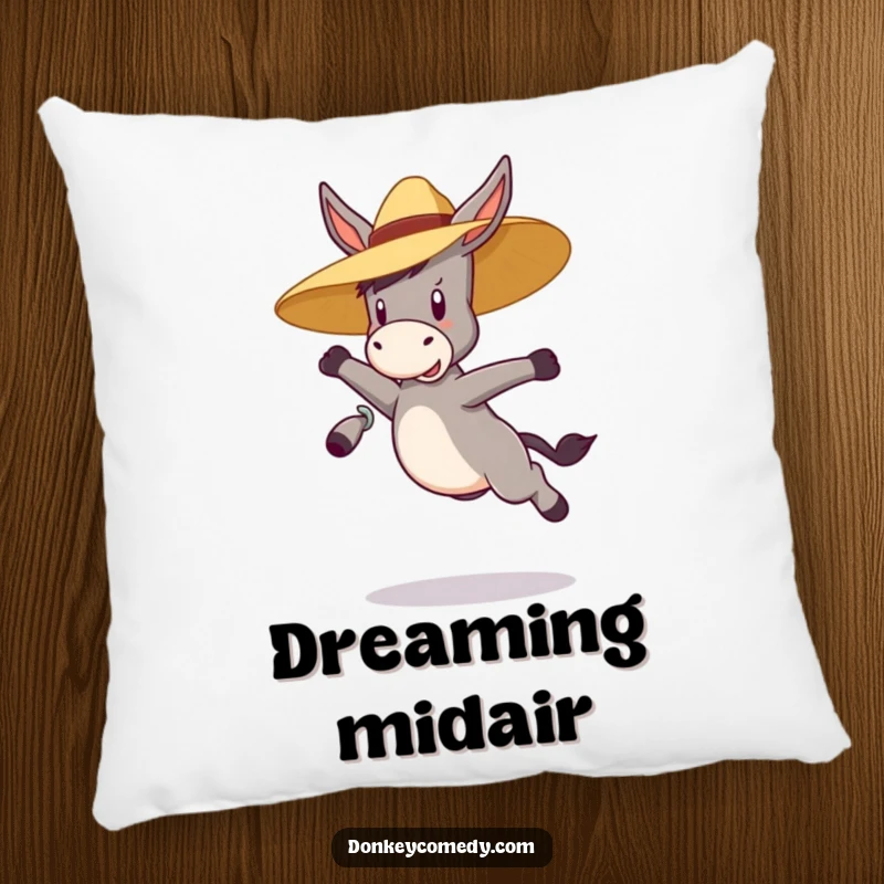 Funny bouncy donkey wearing a straw hat, jumping, on a soft, comfortable pillow, a humorous decorative gift.