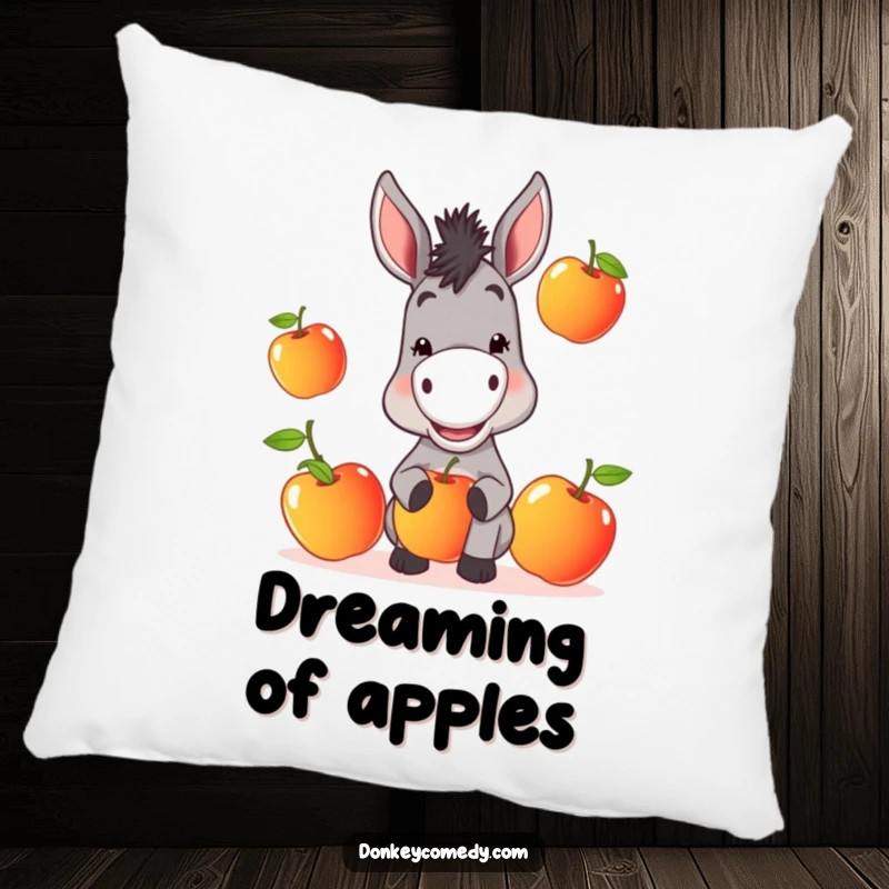 Funny Donkey Pillow: A donkey with a mischievous grin juggles apples, offering humorous and cozy comfort.