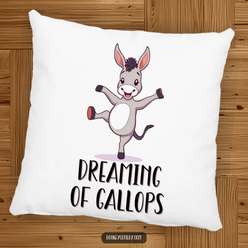 Funny donkey pillow featuring a cartoon donkey kicking its heels up, embodying a playful and happy mood.