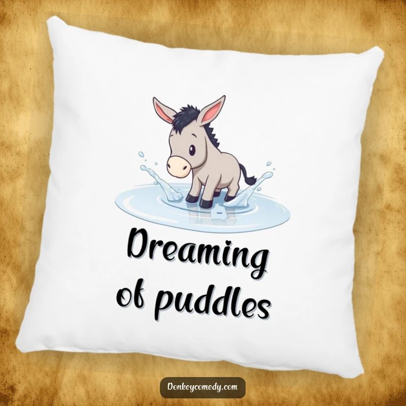 Funny pillow with a donkey gleefully splashing in a shallow puddle, perfect for adding playful decor.