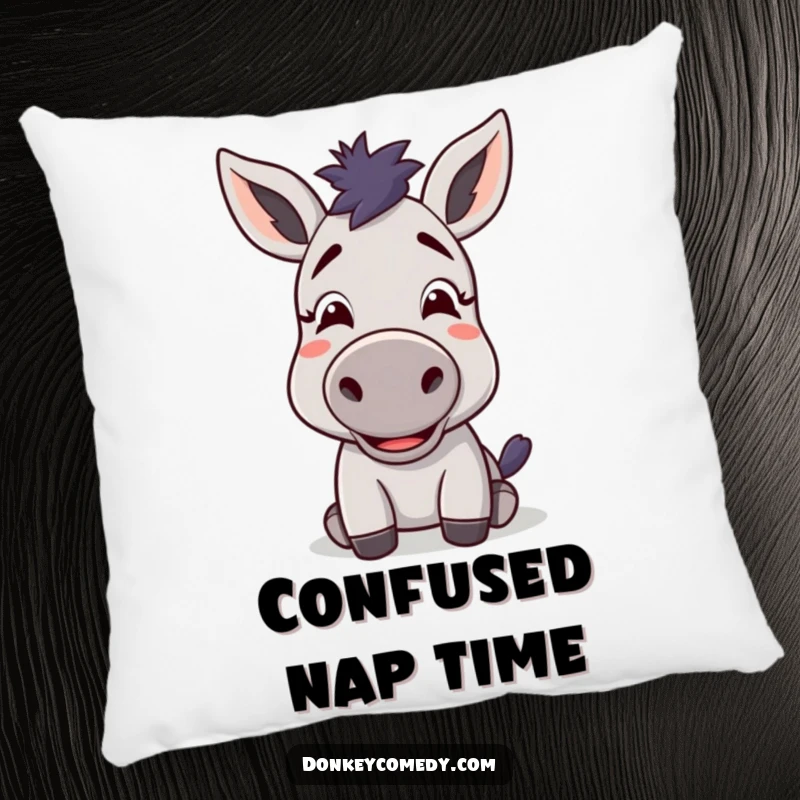 Funny kawaii donkey with a confused but delighted look on a pillow, ideal for humorous comfort and decor.