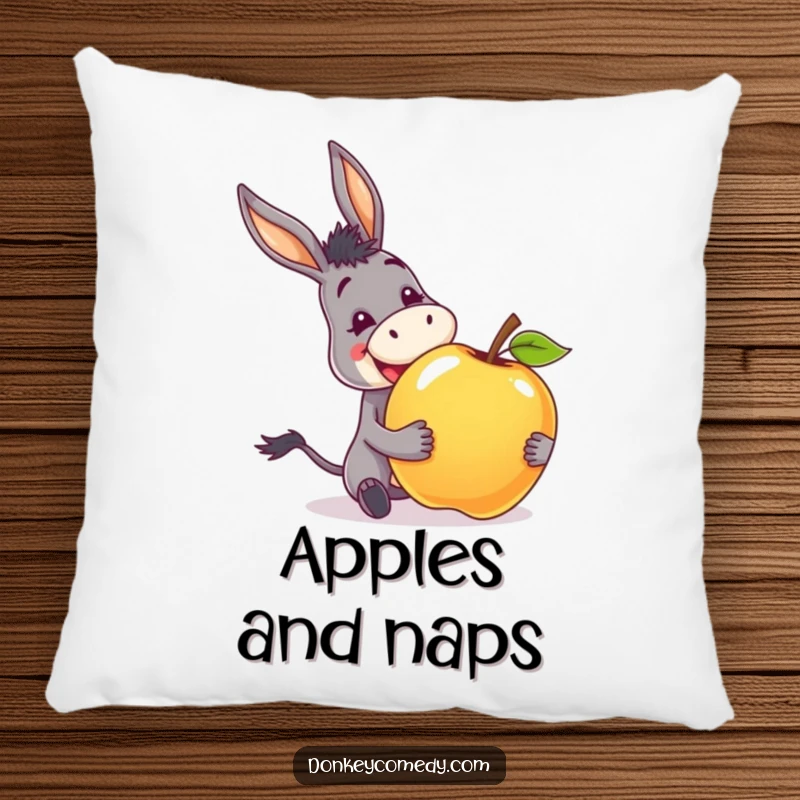 Funny pillow showcasing a donkey with an excited grin, happily receiving a giant apple.