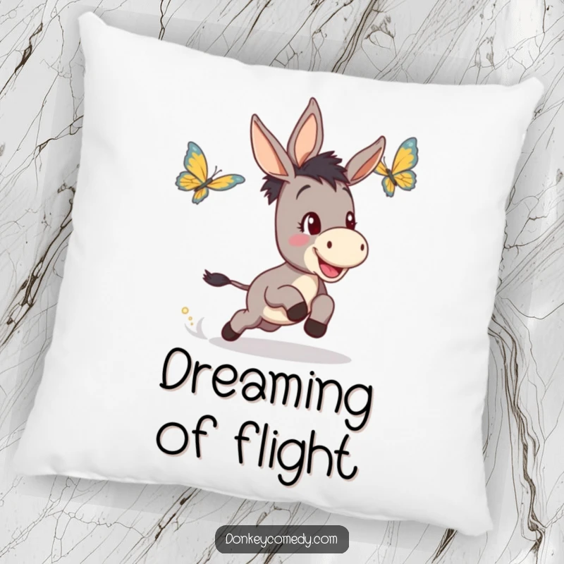 Funny pillow displaying a joyful donkey with a happy, determined expression pursuing a delicate butterfly through a scenic background.