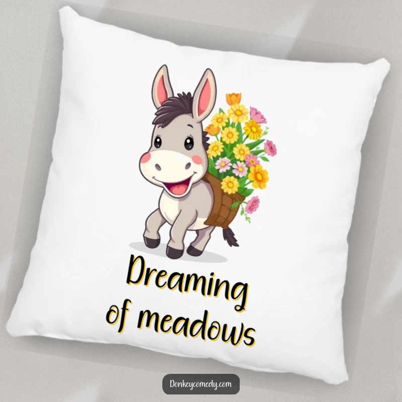 Funny pillow featuring a donkey with a wide, cheerful grin carrying a load of colorful flowers, offering whimsical comfort.