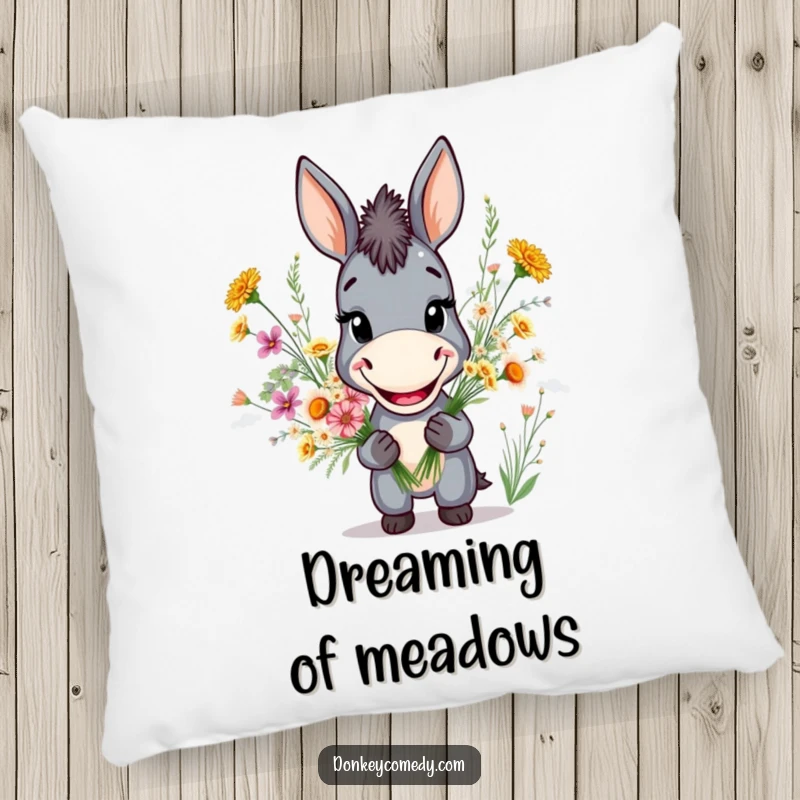 Funny pillow showcasing a donkey's broad smile and a wildflower bouquet, offering comfort and laughter.