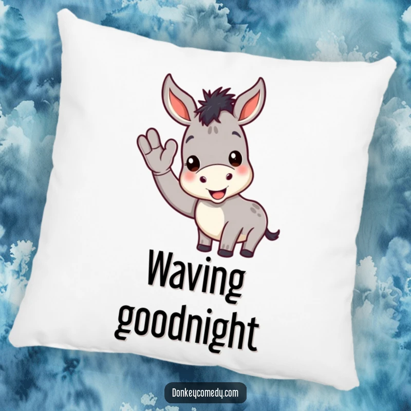 Funny donkey pillow featuring a cute, soft donkey with a cheerful expression giving a friendly wave, radiating comfort and warmth.